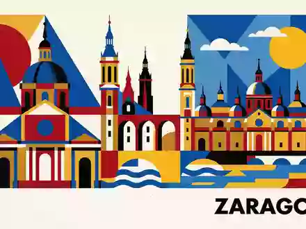 Bauhaus-Poster als geometrische Abstraktion von Basilica del Pilar Zaragoza in Zaragoza Spanien, kraeftige Grundfarben und - Foto: THN