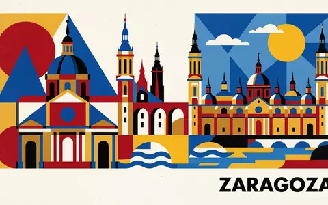 Bauhaus-Poster als geometrische Abstraktion von Basilica del Pilar Zaragoza in Zaragoza Spanien, kraeftige Grundfarben und - Foto: THN