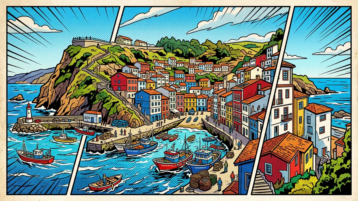 Pop-Art-Comic von Hafen von Cudillero in Cudillero, Spanien mit Rasterpunkten