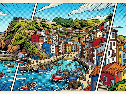 Pop-Art-Comicillustration des Wahrzeichens Hafen von Cudillero in Cudillero Spanien, kraeftige Konturen Rasterpunkte und satte Farben - Foto: THN
