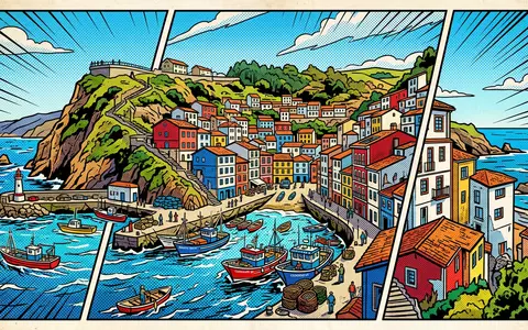 Pop-Art-Comicillustration des Wahrzeichens Hafen von Cudillero in Cudillero Spanien, kraeftige Konturen Rasterpunkte und satte Farben - Foto: THN