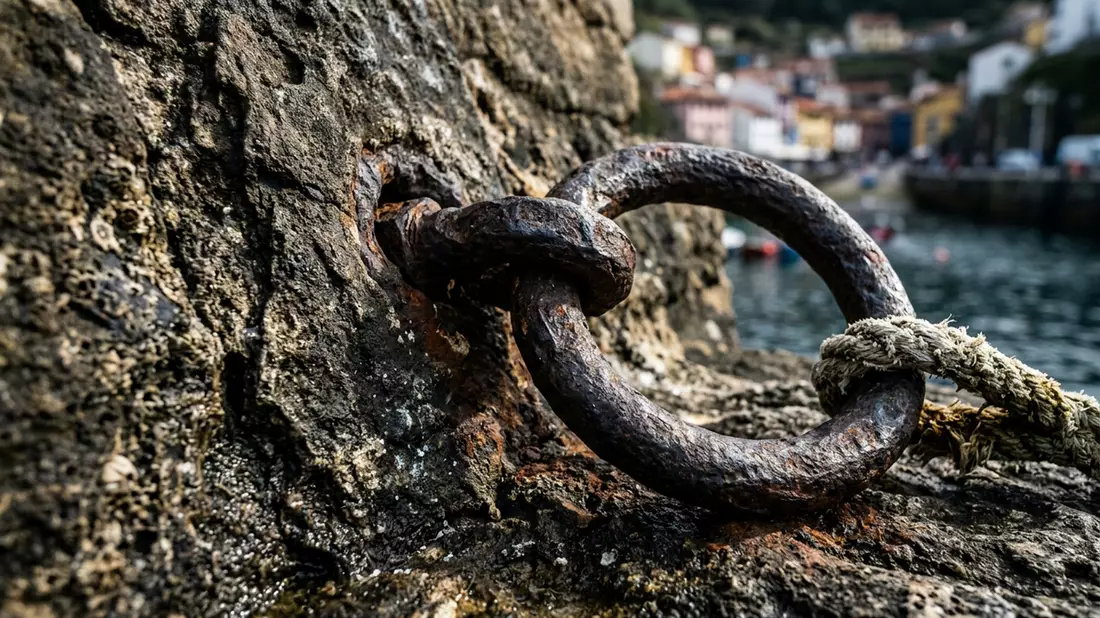 Makroaufnahme eines Materialdetails am Wahrzeichen Hafen von Cudillero, Cudillero Spanien