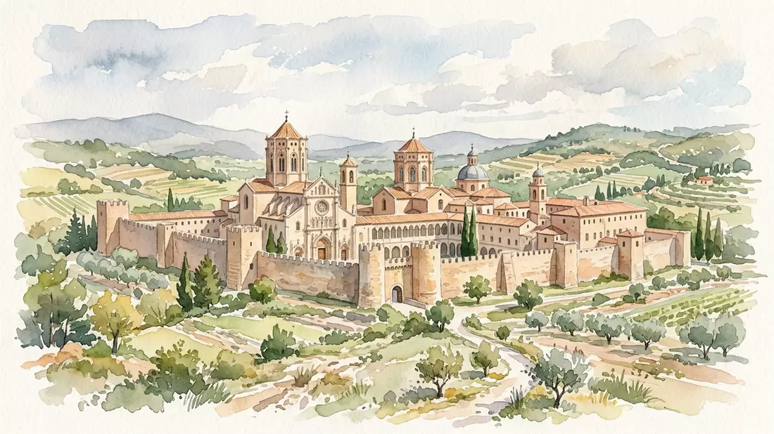 Aquarell-Illustration von Kloster Poblet in Vimbodi, Spanien als Reiseposter