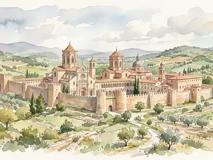 Aquarellillustration des Wahrzeichens Kloster Poblet in Vimbodi Spanien, weiche Farbverläufe und pastelliges Reiseposter-Feeling - Foto: THN