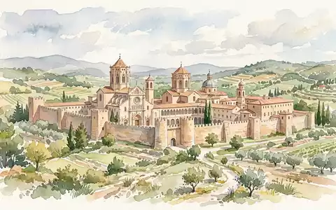 Aquarellillustration des Wahrzeichens Kloster Poblet in Vimbodi Spanien, weiche Farbverläufe und pastelliges Reiseposter-Feeling - Foto: THN