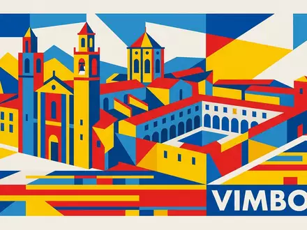 Bauhaus-Poster als geometrische Abstraktion von Kloster Poblet in Vimbodi Spanien, kraeftige Grundfarben und harte Formkanten - Foto: THN