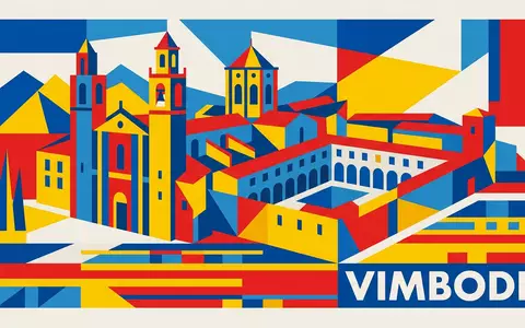 Bauhaus-Poster als geometrische Abstraktion von Kloster Poblet in Vimbodi Spanien, kraeftige Grundfarben und harte Formkanten - Foto: THN