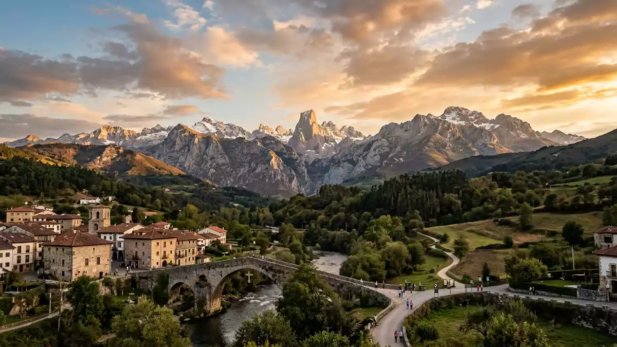 Fotorealistische Ansicht von Picos de Europa in Cangas de Onis, Spanien im Abendlicht