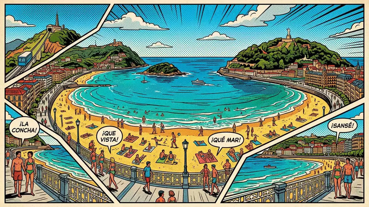Pop-Art-Comic von Strand La Concha in San Sebastian, Spanien mit Rasterpunkten