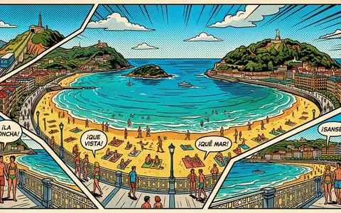Pop-Art-Comicillustration des Wahrzeichens Strand La Concha in San Sebastian Spanien, kraeftige Konturen Rasterpunkte und satte - Foto: THN