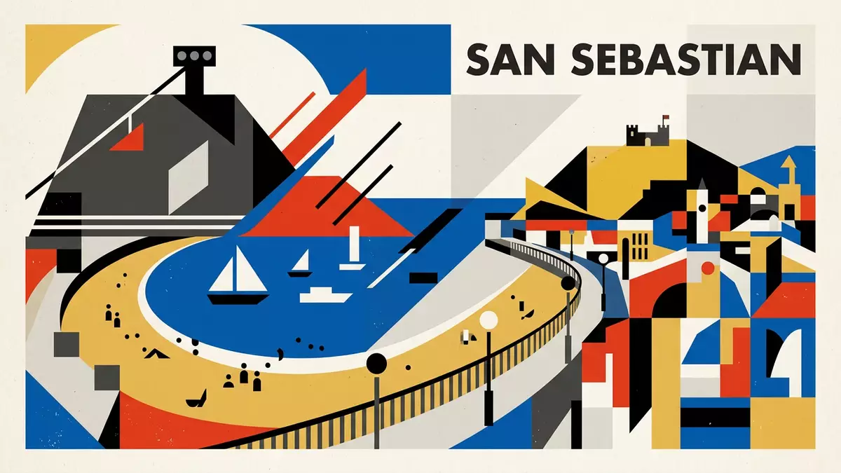 Bauhaus-Poster als Abstraktion von Strand La Concha in San Sebastian, Spanien