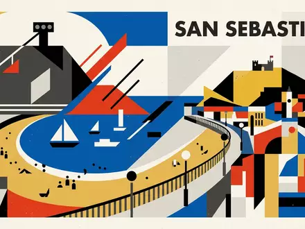 Bauhaus-Poster als geometrische Abstraktion von Strand La Concha in San Sebastian Spanien, kraeftige Grundfarben und - Foto: THN