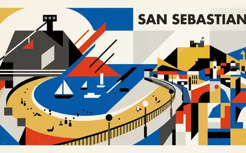 Bauhaus-Poster als geometrische Abstraktion von Strand La Concha in San Sebastian Spanien, kraeftige Grundfarben und - Foto: THN