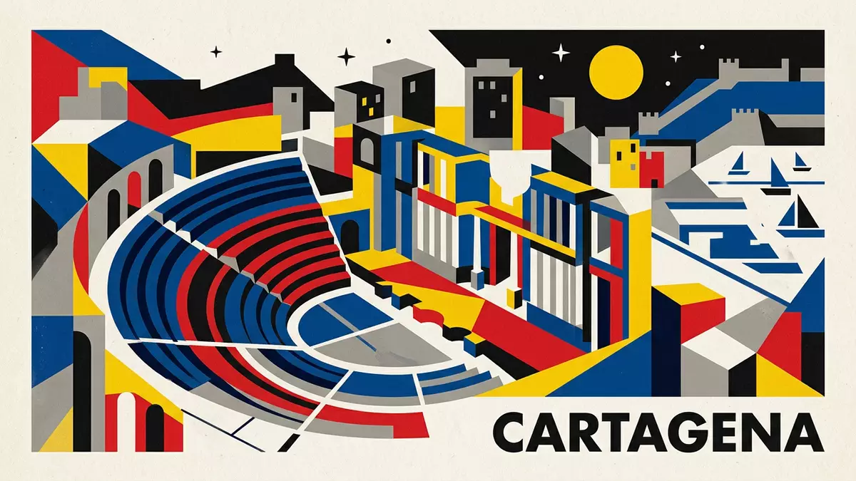 Bauhaus-Poster als Abstraktion von Romisches Theater Cartagena in Cartagena, Spanien
