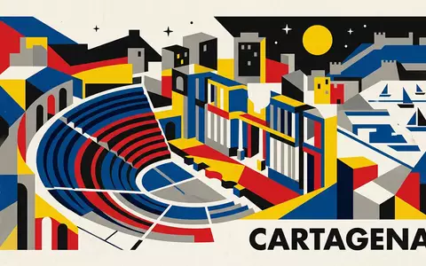 Bauhaus-Poster als geometrische Abstraktion von Romisches Theater Cartagena in Cartagena Spanien, kraeftige Grundfarben und harte - Foto: THN