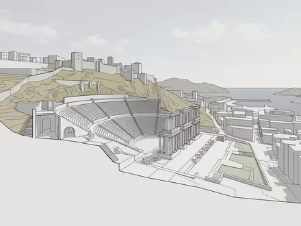 Moderner Architektur-Render zeigt Silhouette von Romisches Theater Cartagena in Cartagena Spanien, klare Linien und neutrales - Foto: THN
