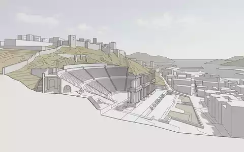 Moderner Architektur-Render zeigt Silhouette von Romisches Theater Cartagena in Cartagena Spanien, klare Linien und neutrales - Foto: THN