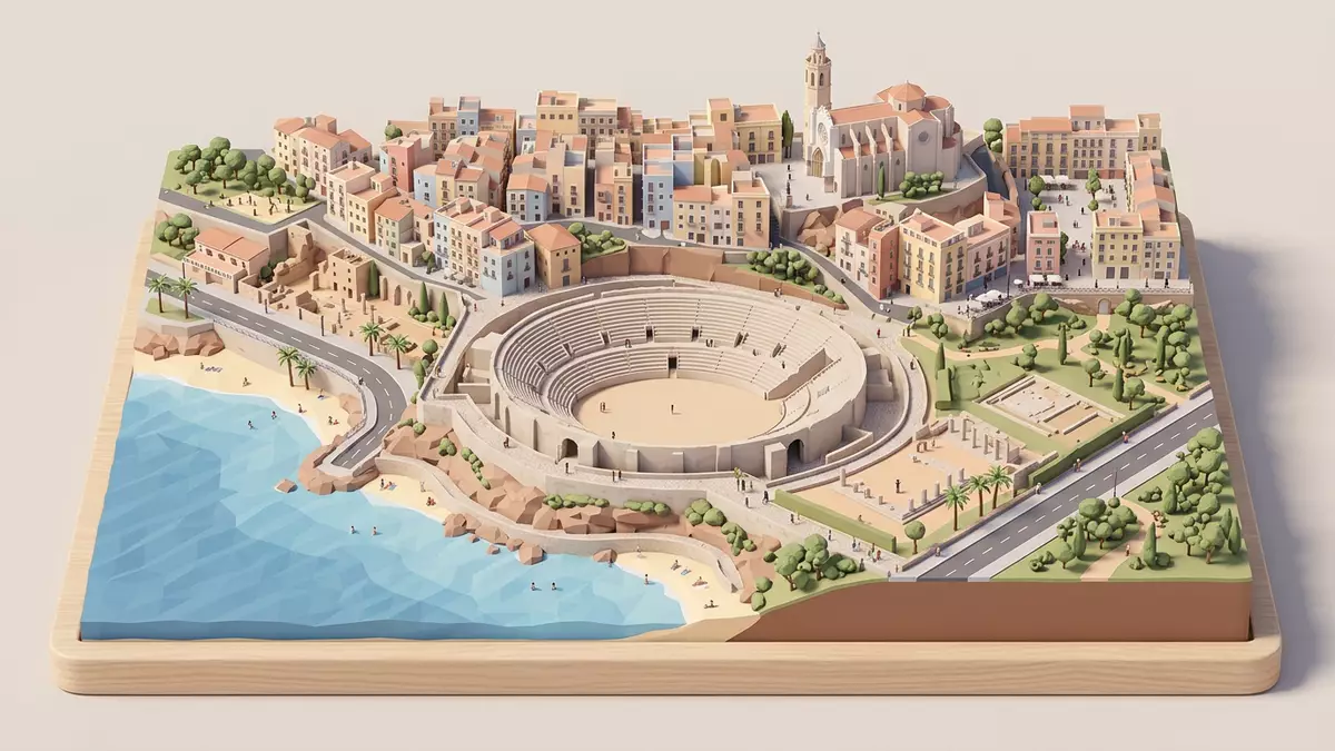 Isometrisches Diorama von Amphitheater Tarragona in Tarragona, Spanien in Pastell