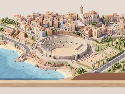 Isometrisches Diorama von Amphitheater Tarragona und Umgebung in Tarragona Spanien, verspielte Low-Poly-Kulisse in Pastellfarben - Foto: THN
