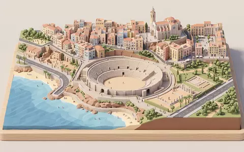 Isometrisches Diorama von Amphitheater Tarragona und Umgebung in Tarragona Spanien, verspielte Low-Poly-Kulisse in Pastellfarben - Foto: THN