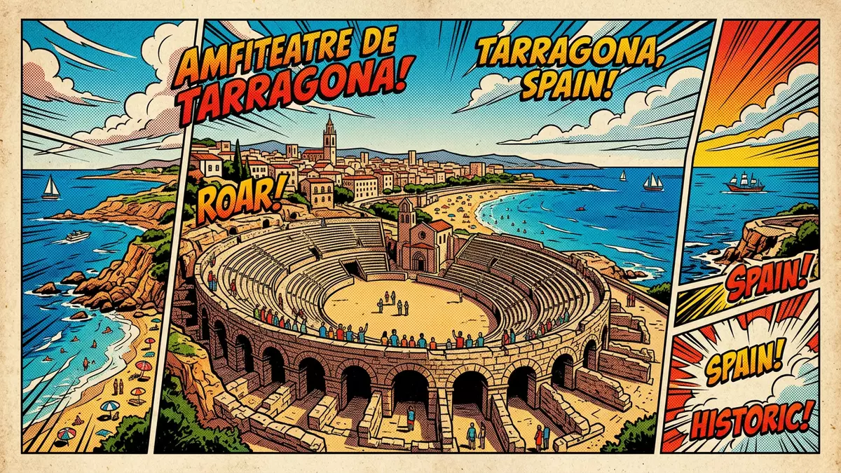 Pop-Art-Comic von Amphitheater Tarragona in Tarragona, Spanien mit Rasterpunkten