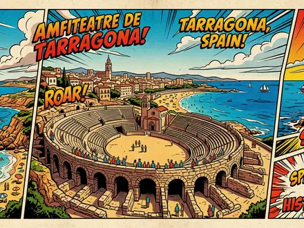 Pop-Art-Comicillustration des Wahrzeichens Amphitheater Tarragona in Tarragona Spanien, kraeftige Konturen Rasterpunkte und satte Farben - Foto: THN