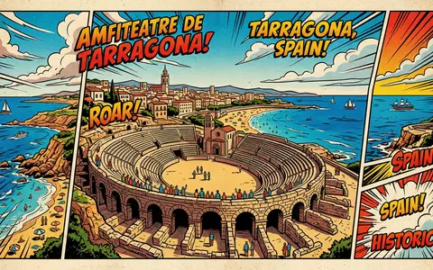 Pop-Art-Comicillustration des Wahrzeichens Amphitheater Tarragona in Tarragona Spanien, kraeftige Konturen Rasterpunkte und satte Farben - Foto: THN
