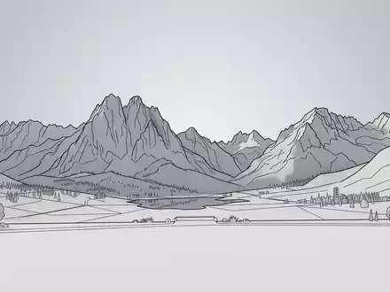 Moderner Architektur-Render zeigt Silhouette von Nationalpark Aiguestortes in Boi Spanien, klare Linien und neutrales Tageslicht - Foto: THN