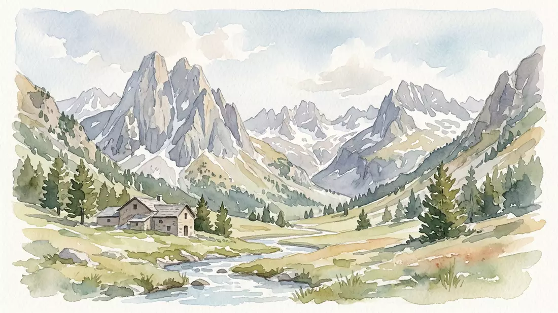 Aquarell-Illustration von Nationalpark Aiguestortes in Boi, Spanien als Reiseposter