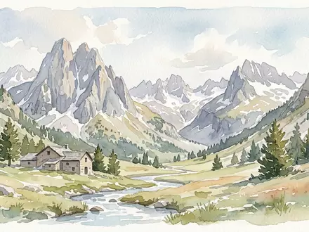 Aquarellillustration des Wahrzeichens Nationalpark Aiguestortes in Boi Spanien, weiche FarbverlÀufe und pastelliges Reiseposter-Feeling - Foto: THN