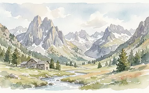 Aquarellillustration des Wahrzeichens Nationalpark Aiguestortes in Boi Spanien, weiche Farbverläufe und pastelliges Reiseposter-Feeling - Foto: THN