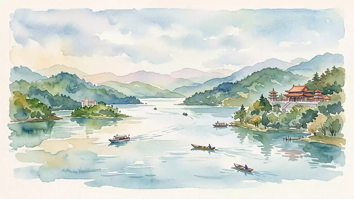 Aquarell-Illustration von Sonne-Mond-See in Nantou, Taiwan als Reiseposter