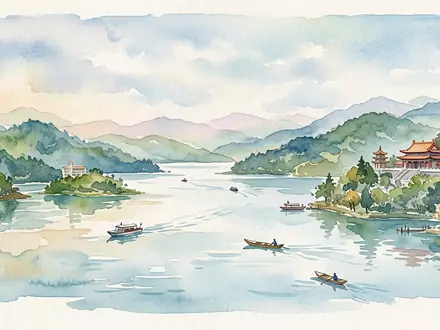 Aquarellillustration des Wahrzeichens Sonne-Mond-See in Nantou Taiwan, weiche Farbverläufe und pastelliges Reiseposter-Feeling - Foto: THN