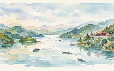 Aquarellillustration des Wahrzeichens Sonne-Mond-See in Nantou Taiwan, weiche Farbverläufe und pastelliges Reiseposter-Feeling - Foto: THN