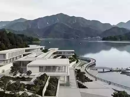 Moderner Architektur-Render zeigt Silhouette von Sonne-Mond-See in Nantou Taiwan, klare Linien und neutrales Tageslicht - Foto: THN