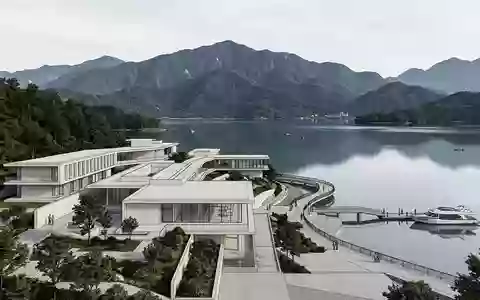 Moderner Architektur-Render zeigt Silhouette von Sonne-Mond-See in Nantou Taiwan, klare Linien und neutrales Tageslicht - Foto: THN