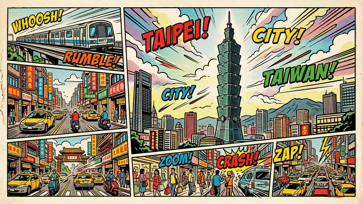 Pop-Art-Comic von Taipei 101 in Taipeh, Taiwan mit Rasterpunkten