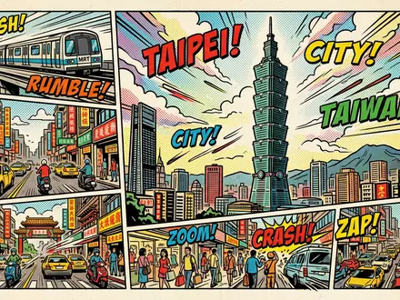 Pop-Art-Comicillustration des Wahrzeichens Taipei 101 in Taipeh Taiwan, kraeftige Konturen Rasterpunkte und satte Farben - Foto: THN