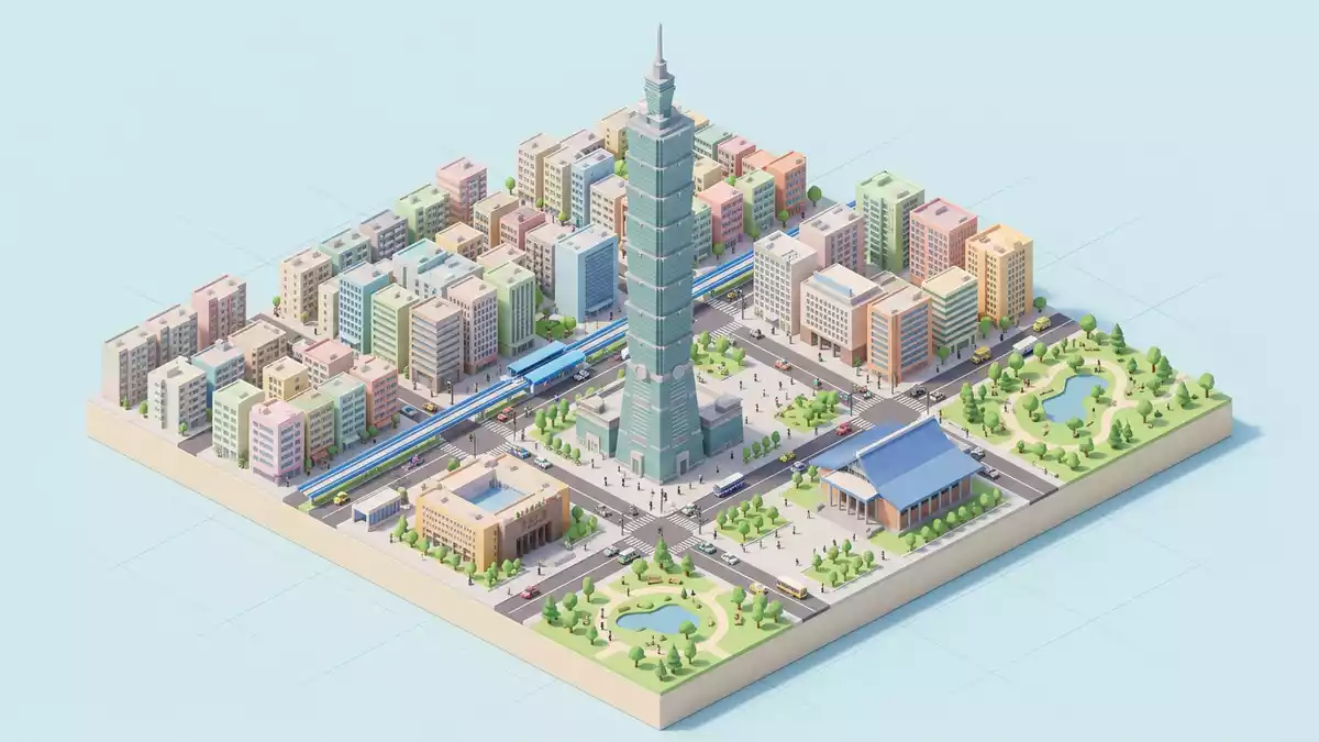 Isometrisches Diorama von Taipei 101 in Taipeh, Taiwan in Pastell