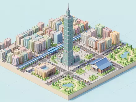 Isometrisches Diorama von Taipei 101 und Umgebung in Taipeh Taiwan, verspielte Low-Poly-Kulisse in Pastellfarben - Foto: THN
