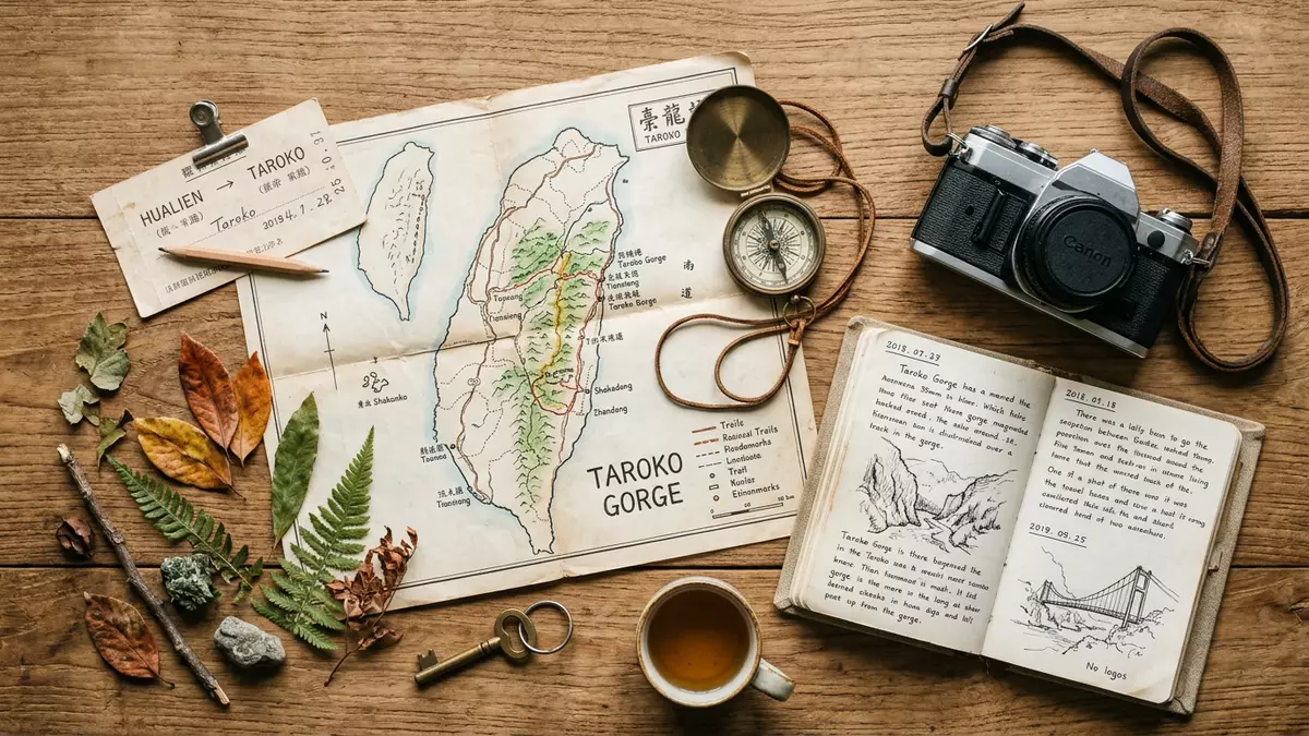 Flatlay-Reise-Arrangement rund um Taroko-Schlucht in Hualien, Taiwan