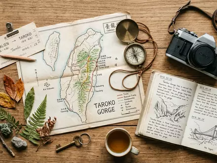 Flatlay-Reise-Arrangement rund um Taroko-Schlucht in Hualien Taiwan, Karte Kompass Kamera und generische Reiserequisiten - Foto: THN