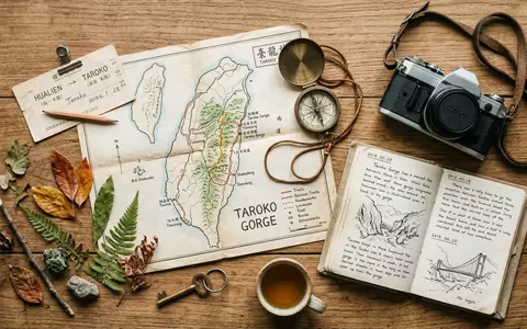 Flatlay-Reise-Arrangement rund um Taroko-Schlucht in Hualien Taiwan, Karte Kompass Kamera und generische Reiserequisiten - Foto: THN