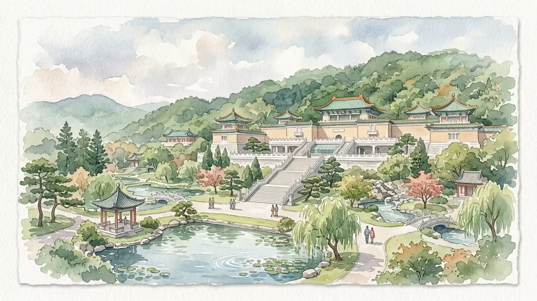 Aquarell-Illustration von Nationales Palastmuseum Taipeh in Taipeh, Taiwan als Reiseposter