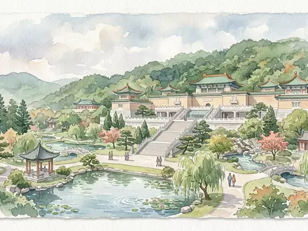 Aquarellillustration des Wahrzeichens Nationales Palastmuseum Taipeh in Taipeh Taiwan, weiche Farbverläufe und pastelliges Reiseposter-Feeling - Foto: THN