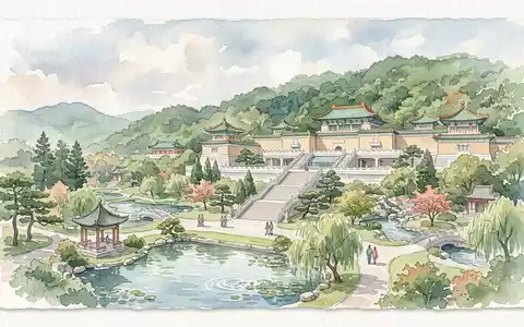Aquarellillustration des Wahrzeichens Nationales Palastmuseum Taipeh in Taipeh Taiwan, weiche Farbverläufe und pastelliges Reiseposter-Feeling - Foto: THN