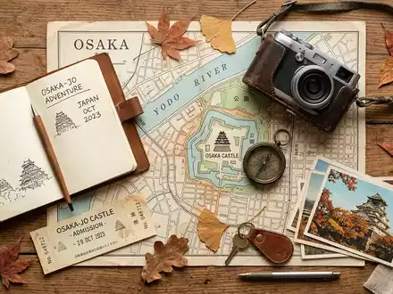 Flatlay-Reise-Arrangement rund um Burg Osaka in Osaka Japan, Karte Kompass Kamera und generische Reiserequisiten - Foto: THN