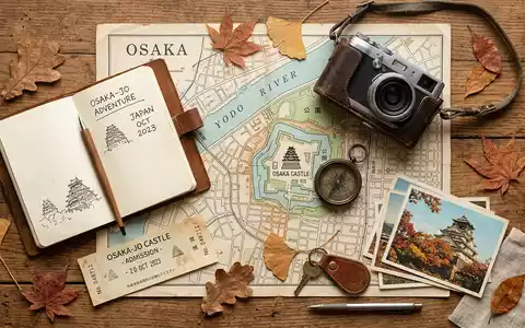 Flatlay-Reise-Arrangement rund um Burg Osaka in Osaka Japan, Karte Kompass Kamera und generische Reiserequisiten - Foto: THN