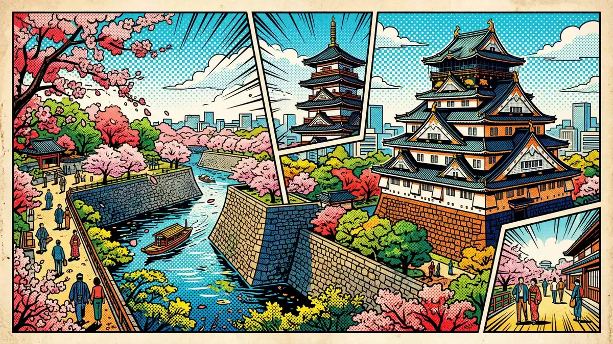 Pop-Art-Comic von Burg Osaka in Osaka, Japan mit Rasterpunkten