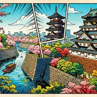 Pop-Art-Comicillustration des Wahrzeichens Burg Osaka in Osaka Japan, kraeftige Konturen Rasterpunkte und satte Farben - Foto: THN